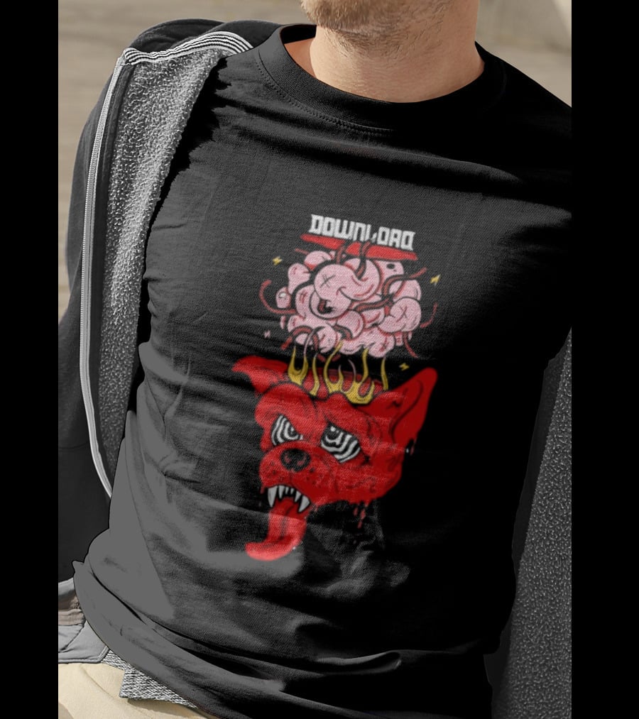 Download Festival Brain Explosion Red Dog Flames Quirky Cartoon Style T-Shirt