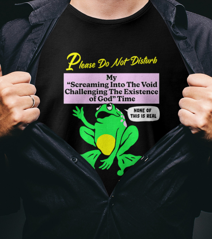 Please Do Not Disturb My Screaming Into The Void Challenging The Existence Of God Time None Of This Is Real Frog T-Shirt