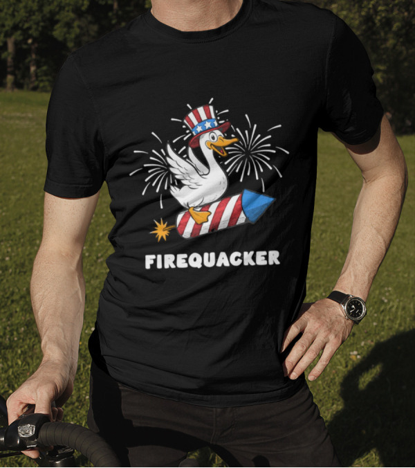 Firequacker Patriotic Duck With Rocket And Fireworks T-Shirt