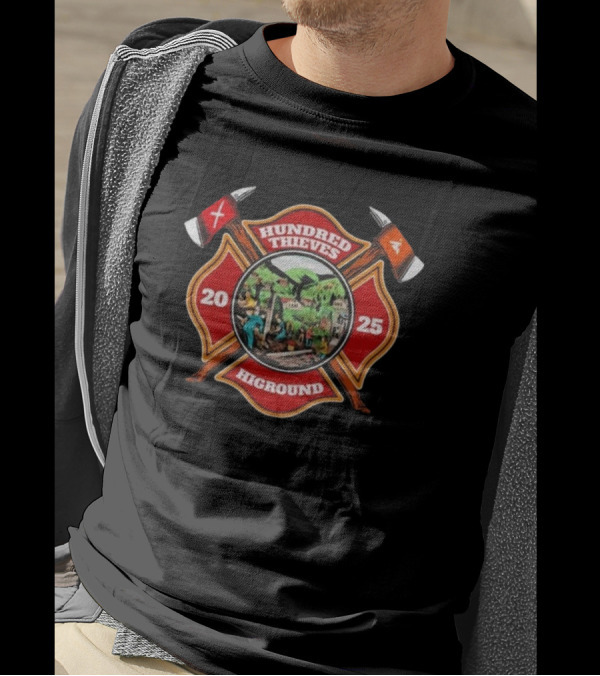 Hundred Thieves Higround 2025 Badge With Axes And Mountain Scene T-Shirt