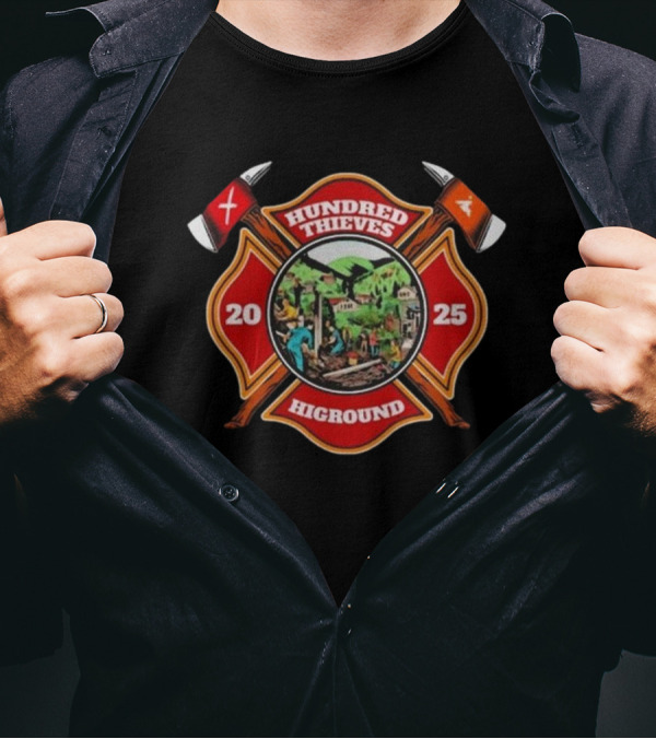 Hundred Thieves Higround 2025 Badge With Axes And Mountain Scene T-Shirt