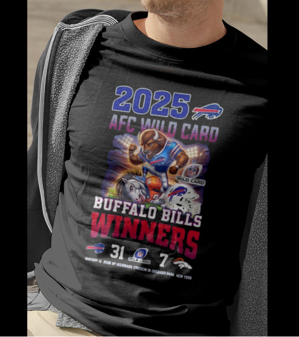 2025 Buffalo Bills AFC Wild Card Winners 31-7 Over Broncos Featuring Mascot Art T-Shirt
