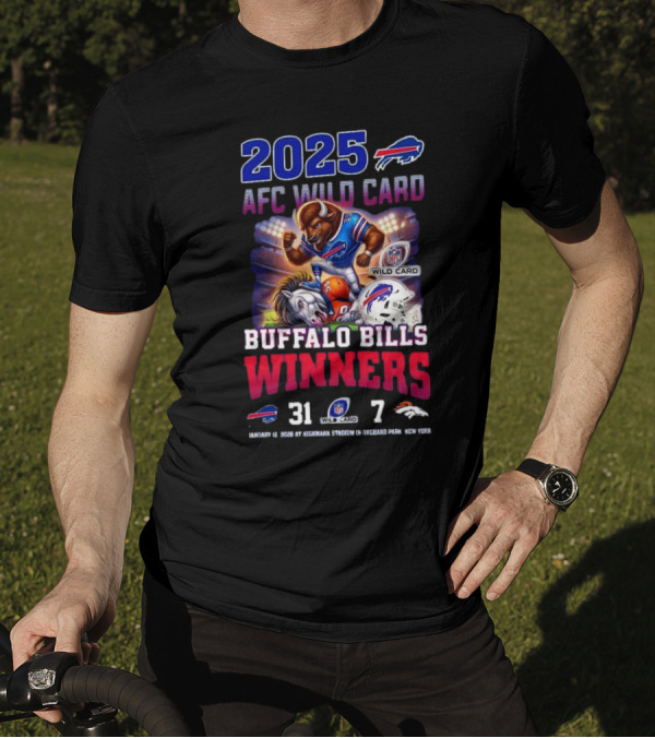 2025 Buffalo Bills AFC Wild Card Winners 31-7 Over Broncos Featuring Mascot Art T-Shirt