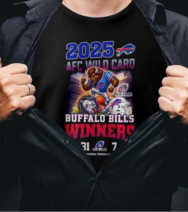 2025 Buffalo Bills AFC Wild Card Winners 31-7 Over Broncos Featuring Mascot Art T-Shirt