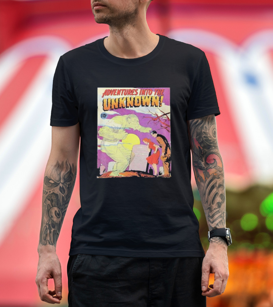 Adventures Into The Unknown Comic Cover with Ghostly Figure and Tombstone Scene T-Shirt