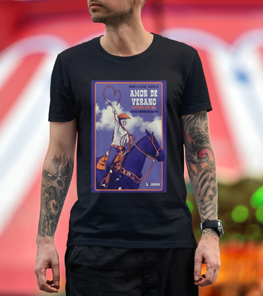 Amor De Verano Flatstock SXSW 2025 March 11-13 Austin Convention Center TX Cowboy Rider and Horse T-Shirt