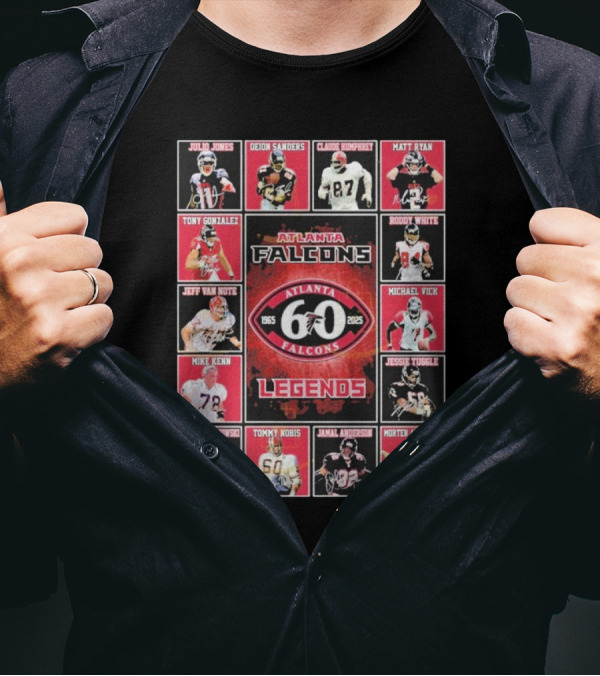 Atlanta Falcons 60 Year 1965-2025 Legends Julio Jones Deion Sanders Matt Ryan Tony Gonzalez Michael Vick T-Shirt