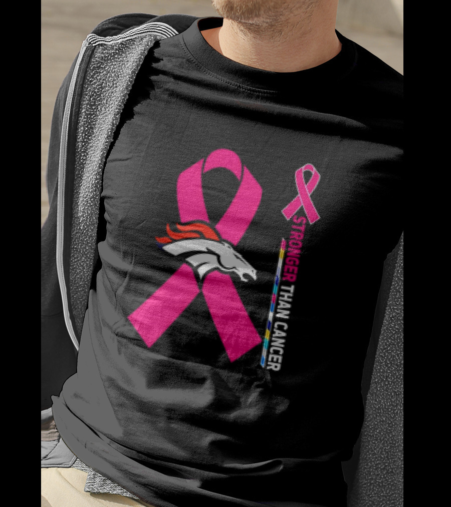 Denver Broncos Pink Ribbon Stronger Than Cancer Awareness T-Shirt