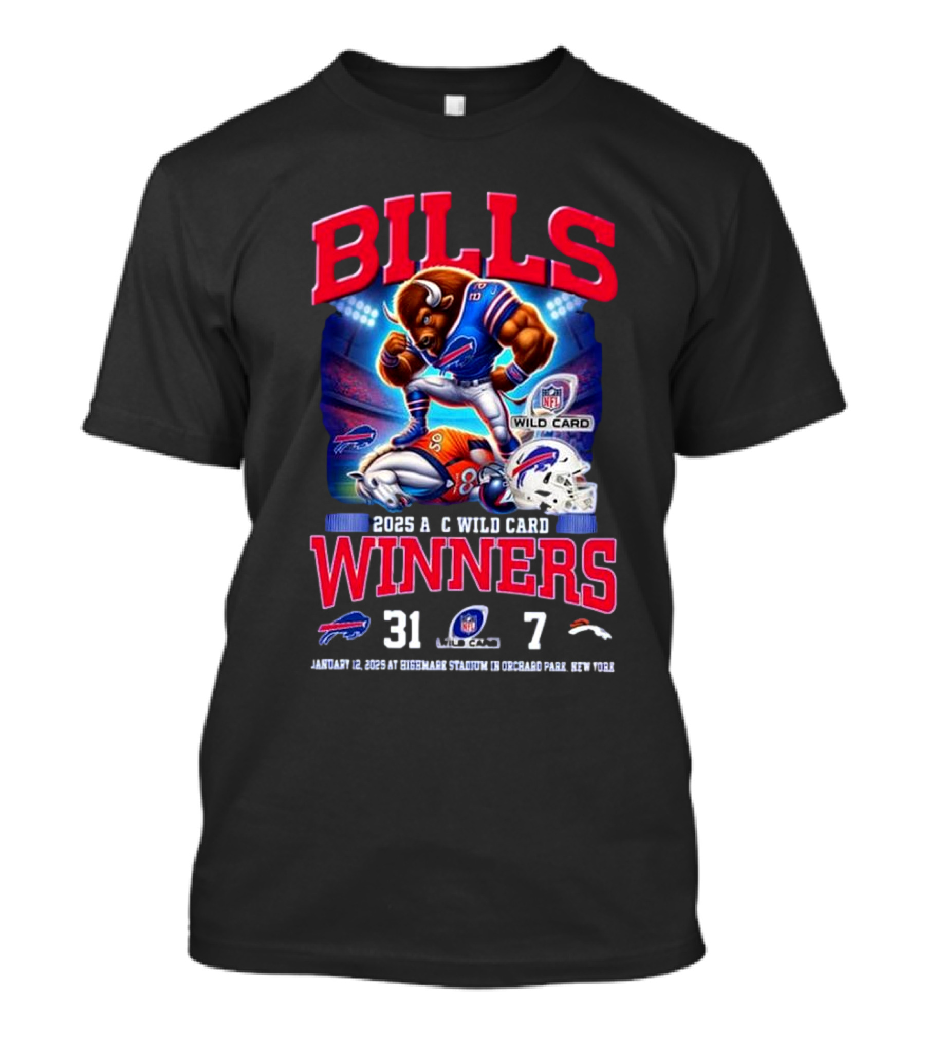 Buffalo Bills 2025 AFC Wild Card Winner Beat Denver Broncos 31-7 Mascot T-Shirt
