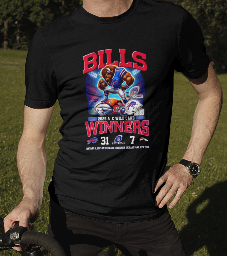 Buffalo Bills 2025 AFC Wild Card Winner Beat Denver Broncos 31-7 Mascot T-Shirt