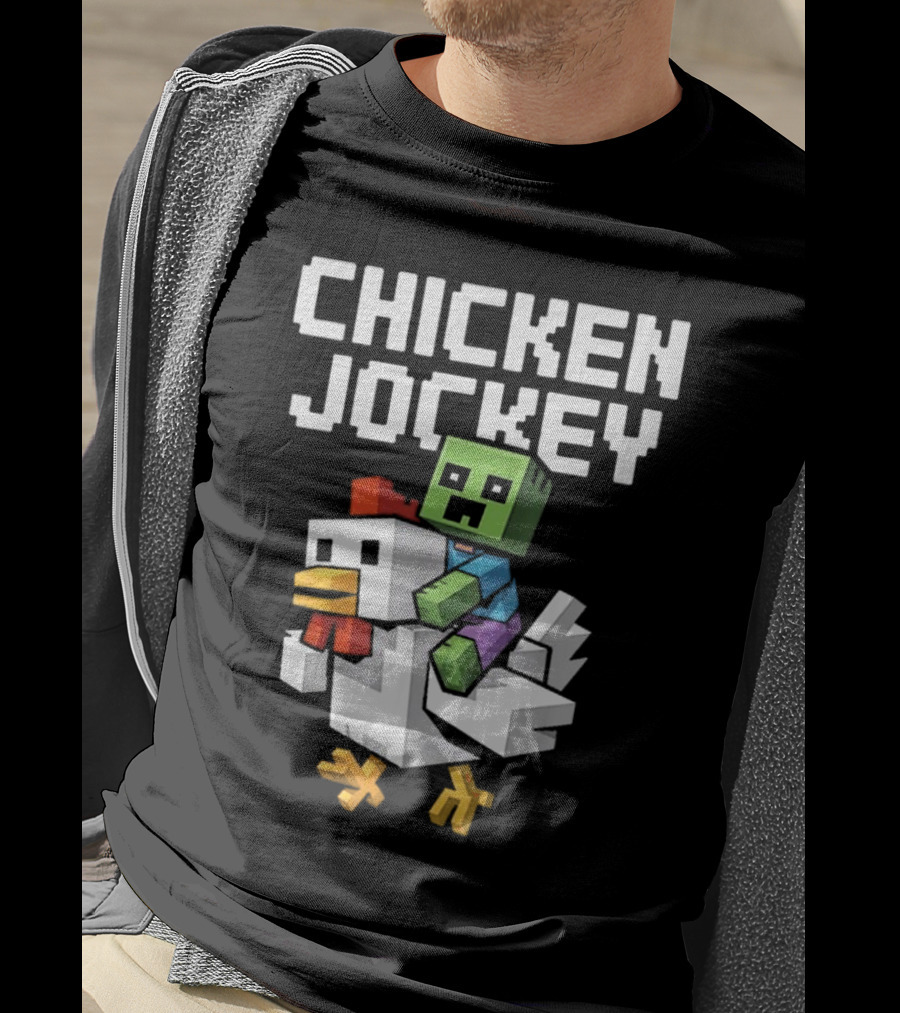 CHICKEN JOCKEY Pixelated Green Zombie Riding White Chicken T-Shirt