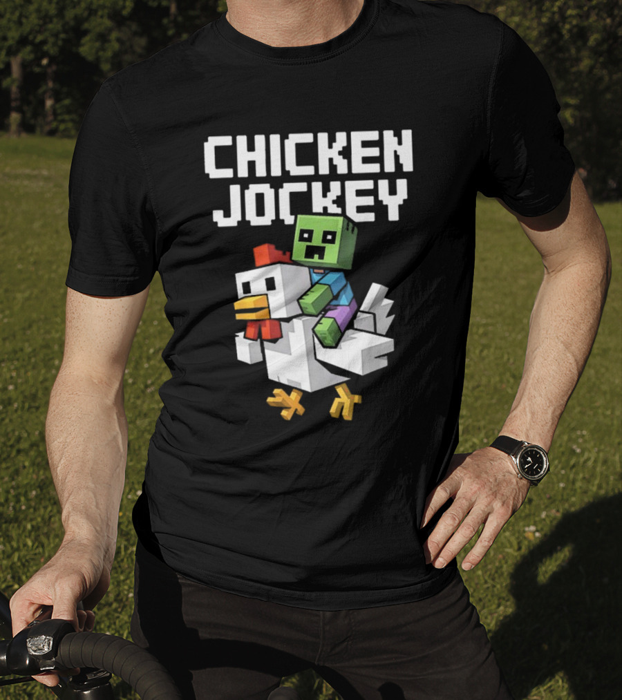 CHICKEN JOCKEY Pixelated Green Zombie Riding White Chicken T-Shirt