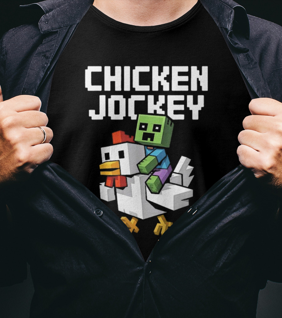 CHICKEN JOCKEY Pixelated Green Zombie Riding White Chicken T-Shirt