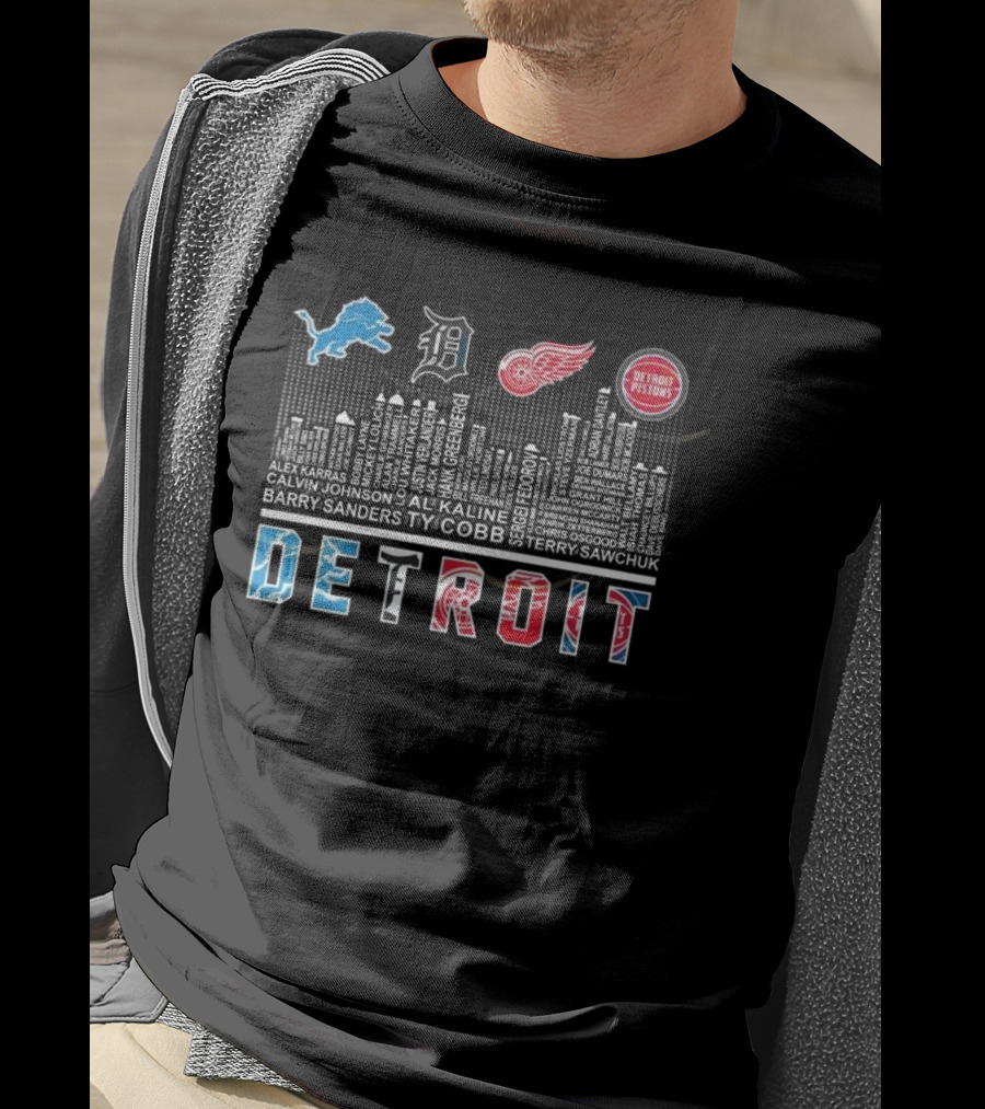 Detroit Lions X Detroit Tigers X Detroit Red Wings X Detroit Pistons Skyline 2025 T-Shirt