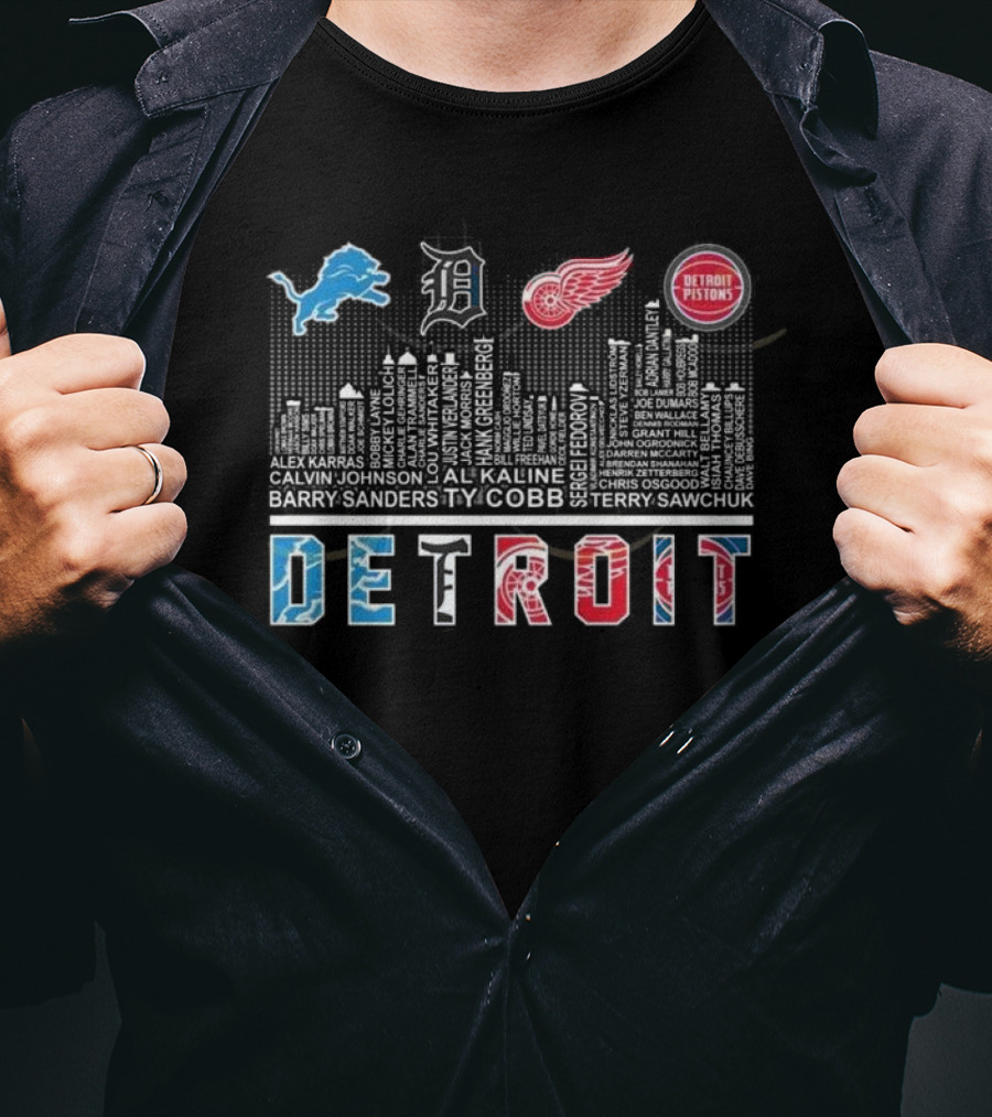 Detroit Lions X Detroit Tigers X Detroit Red Wings X Detroit Pistons Skyline 2025 T-Shirt
