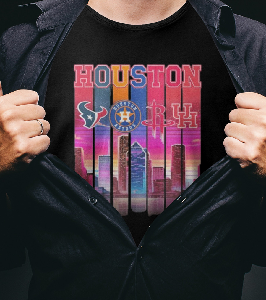 Houston Retro Skyline Texans Astros Rockets And Cougars T-Shirt