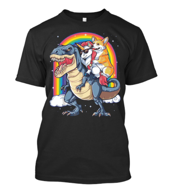 Corgi Unicorn With Sunglasses Riding Dinosaur In Front Of Rainbow T-Shirt