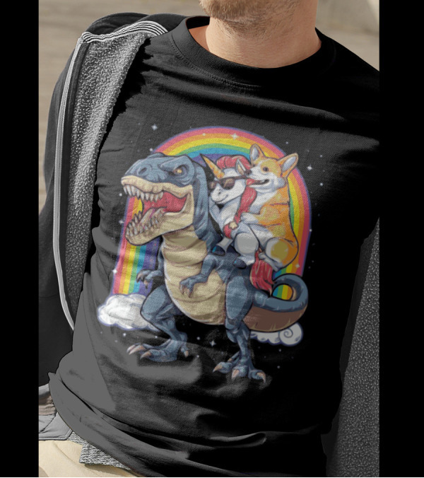 Corgi Unicorn With Sunglasses Riding Dinosaur In Front Of Rainbow T-Shirt