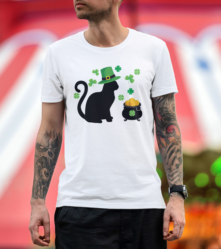 Black Cat Lover St. Patrick's Day Leprechaun Hat Shamrock and Pot of Gold T-Shirt
