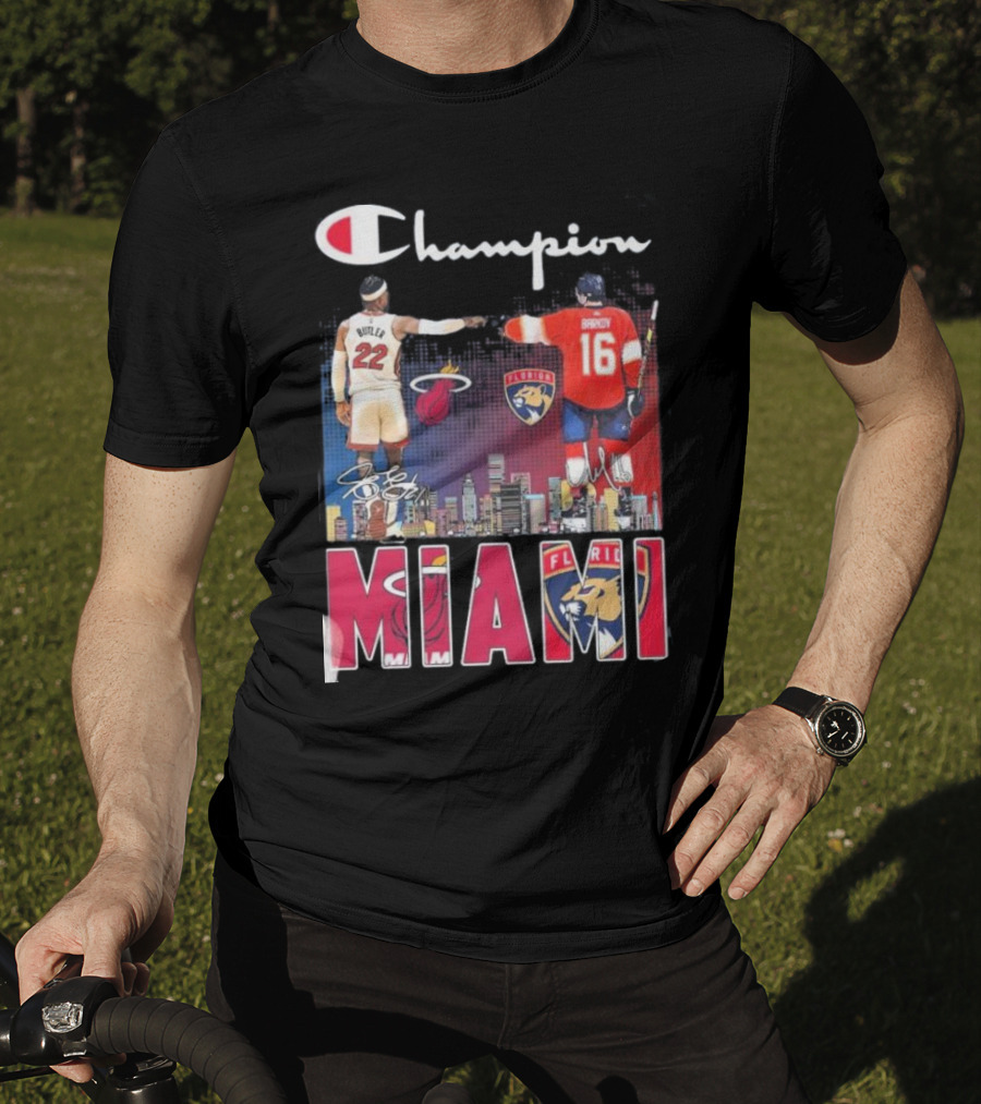 Champion Miami Skyline Signatures 22 Jimmy Butler 16 Aleksander Barkov Sports T-Shirt