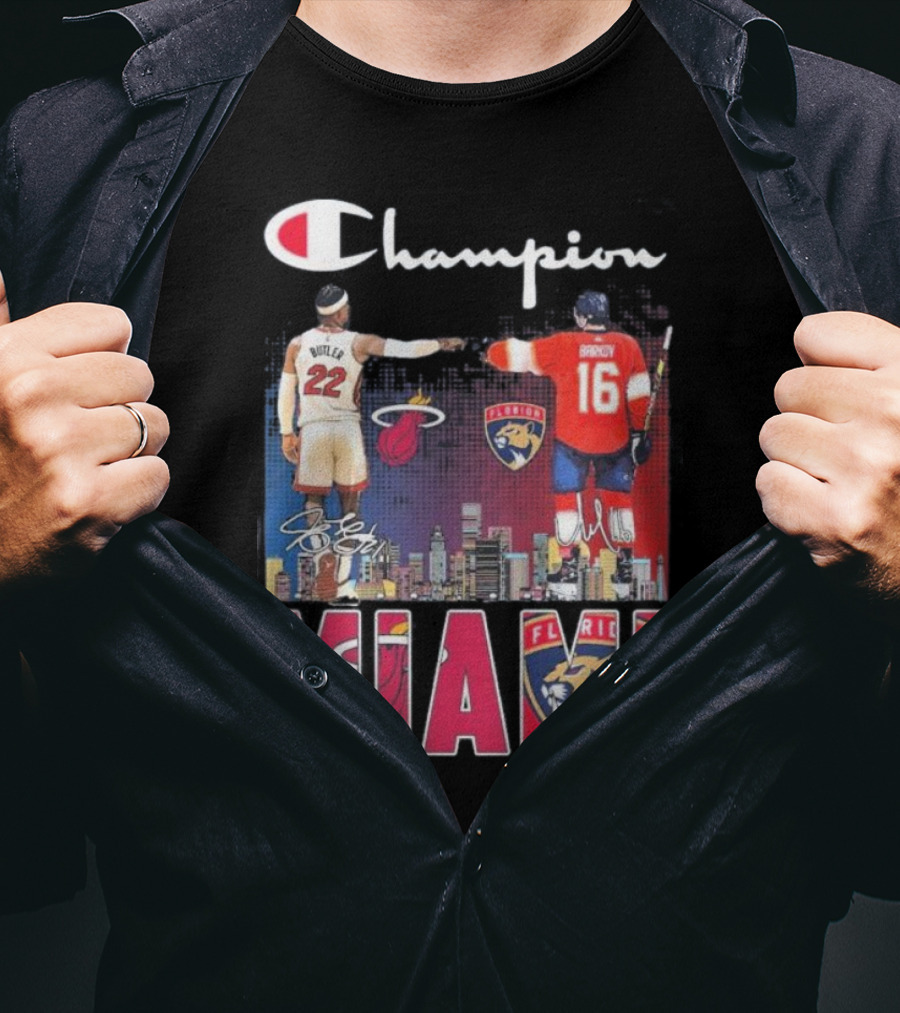 Champion Miami Skyline Signatures 22 Jimmy Butler 16 Aleksander Barkov Sports T-Shirt