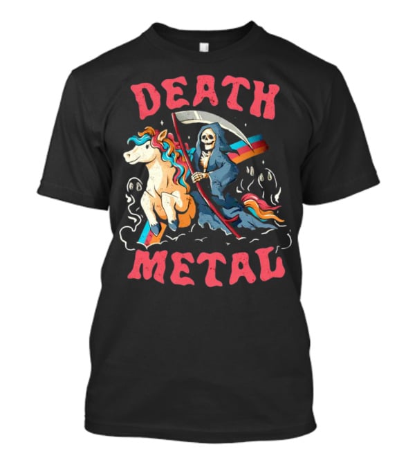 Death Metal Skull Riding Rainbow Unicorn T-Shirt