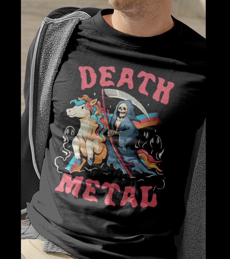 Death Metal Skull Riding Rainbow Unicorn T-Shirt