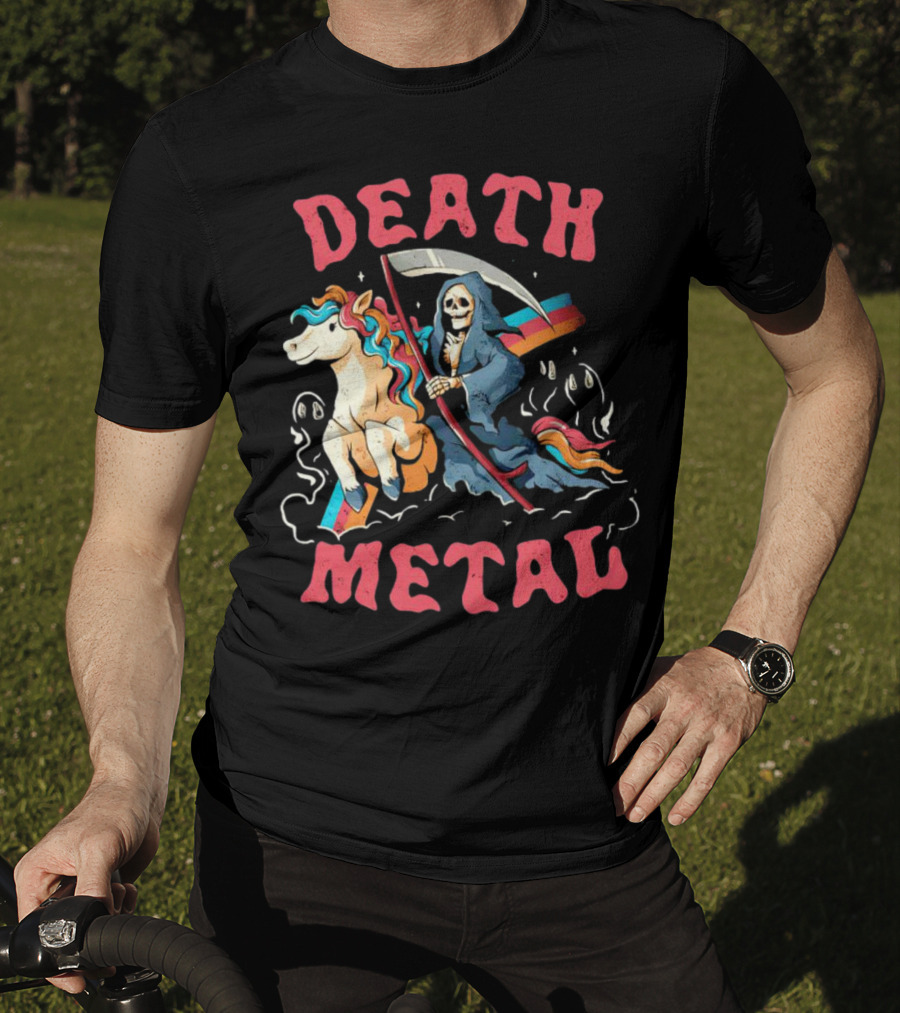 Death Metal Skull Riding Rainbow Unicorn T-Shirt