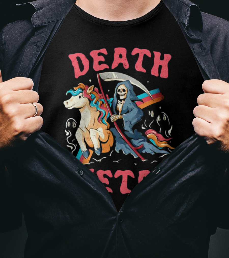 Death Metal Skull Riding Rainbow Unicorn T-Shirt