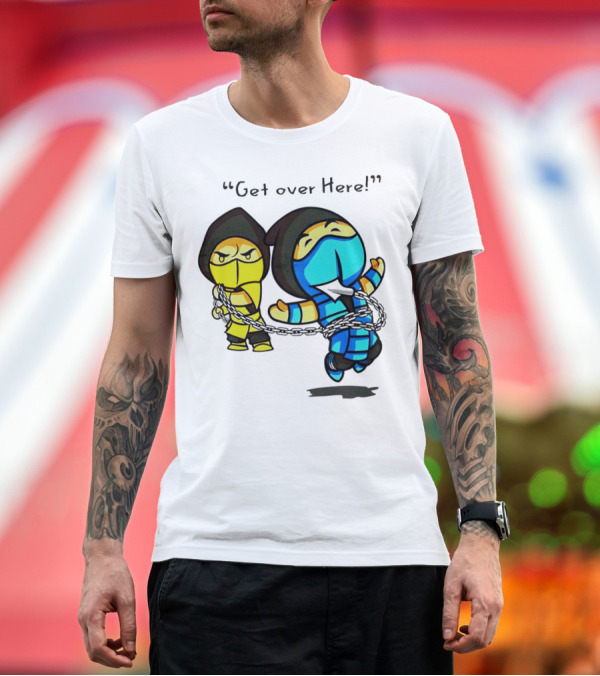 Premium T-Shirt: Mortal Kombat Get Over Here Scorpion and Sub-Zero Chibi Chain Combat T-Shirt Mortal Kombat Get Over Here Scorpion and Sub-Zero Chibi Chain Combat T-Shirt