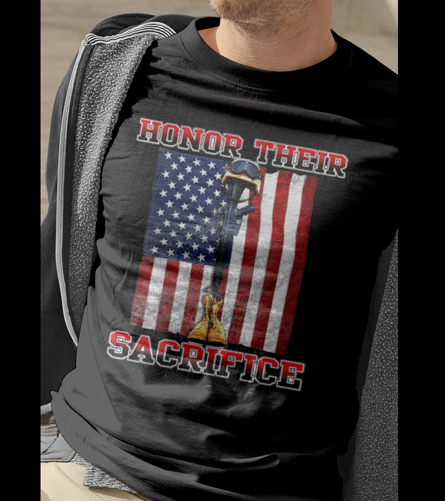 Honor Their Sacrifice Memorial Day American Flag Soldier Helmet Boot Rifle T-Shirt