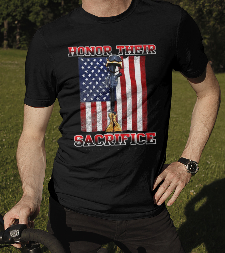 Honor Their Sacrifice Memorial Day American Flag Soldier Helmet Boot Rifle T-Shirt