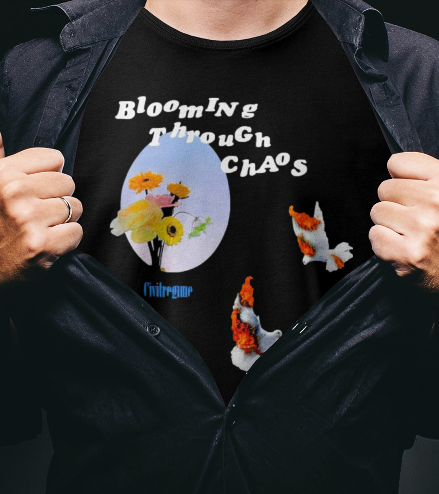 Blooming Through Chaos Civilregime Floral And Bird Motif T-Shirt
