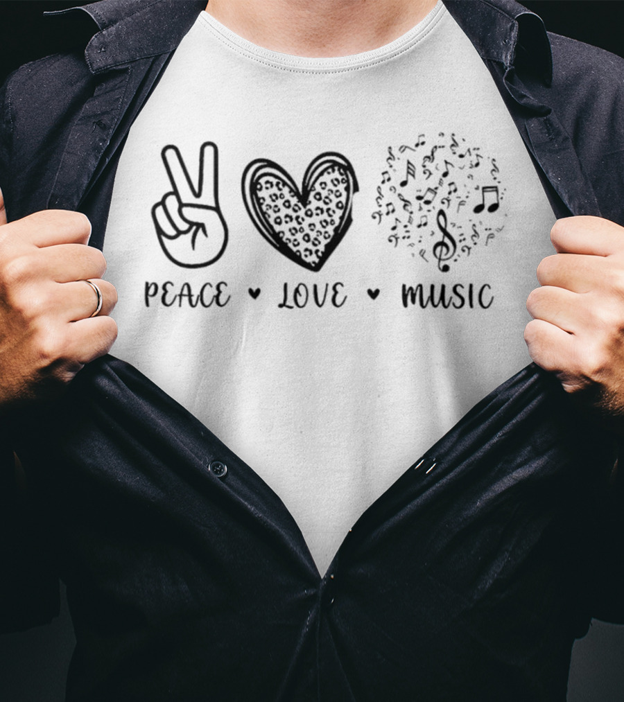 Peace Love Music Leopard Heart Musical Notes T-Shirt