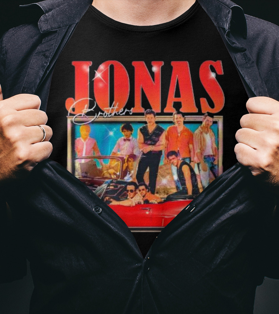 Jonas Brothers Band Retro Group Photo With Red Convertible T-Shirt