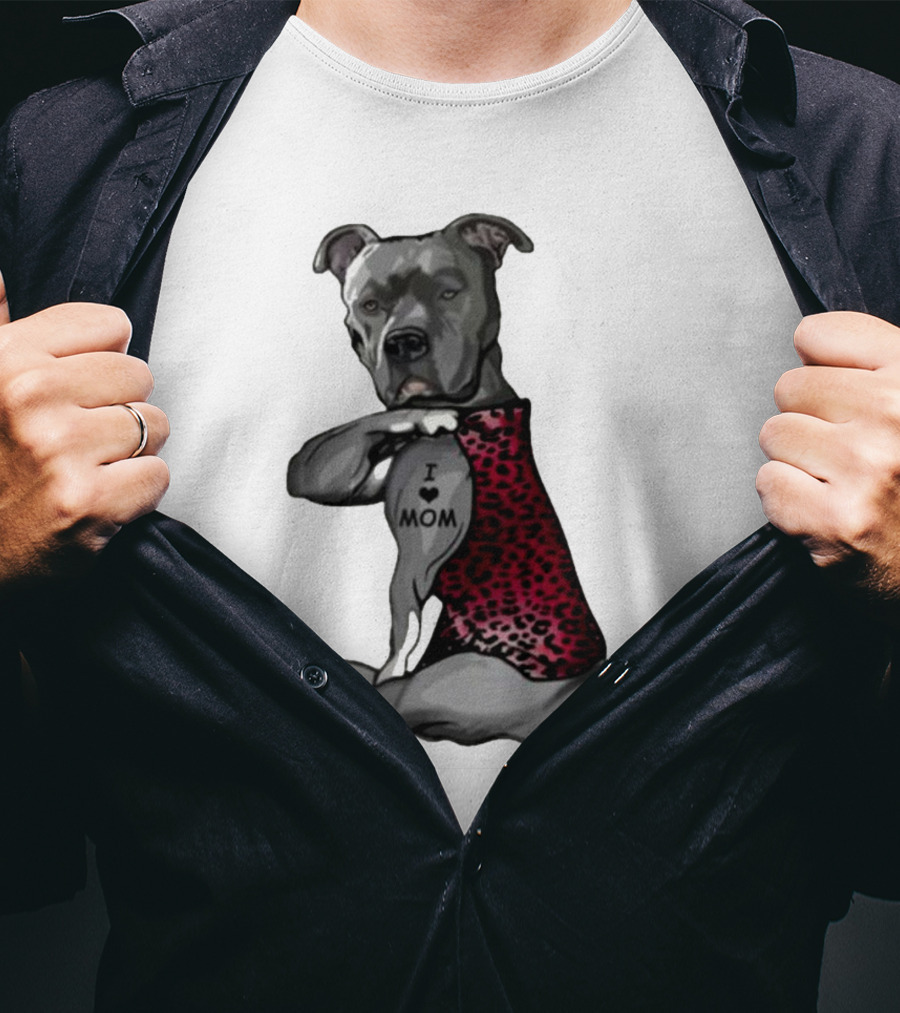 I Love Mom Dog Tattoo Red Leopard Print T-Shirt