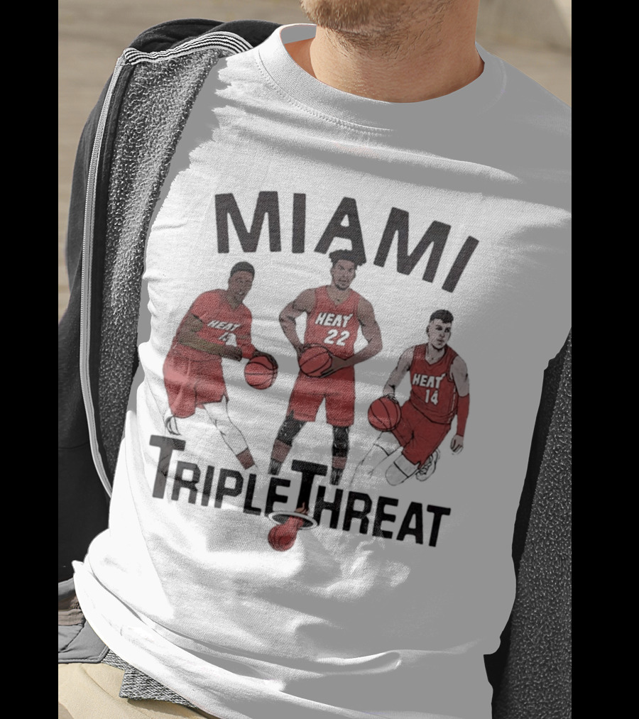 Miami Heat Bam Adebayo Jimmy Butler Tyler Herro Triple Threat T-Shirt