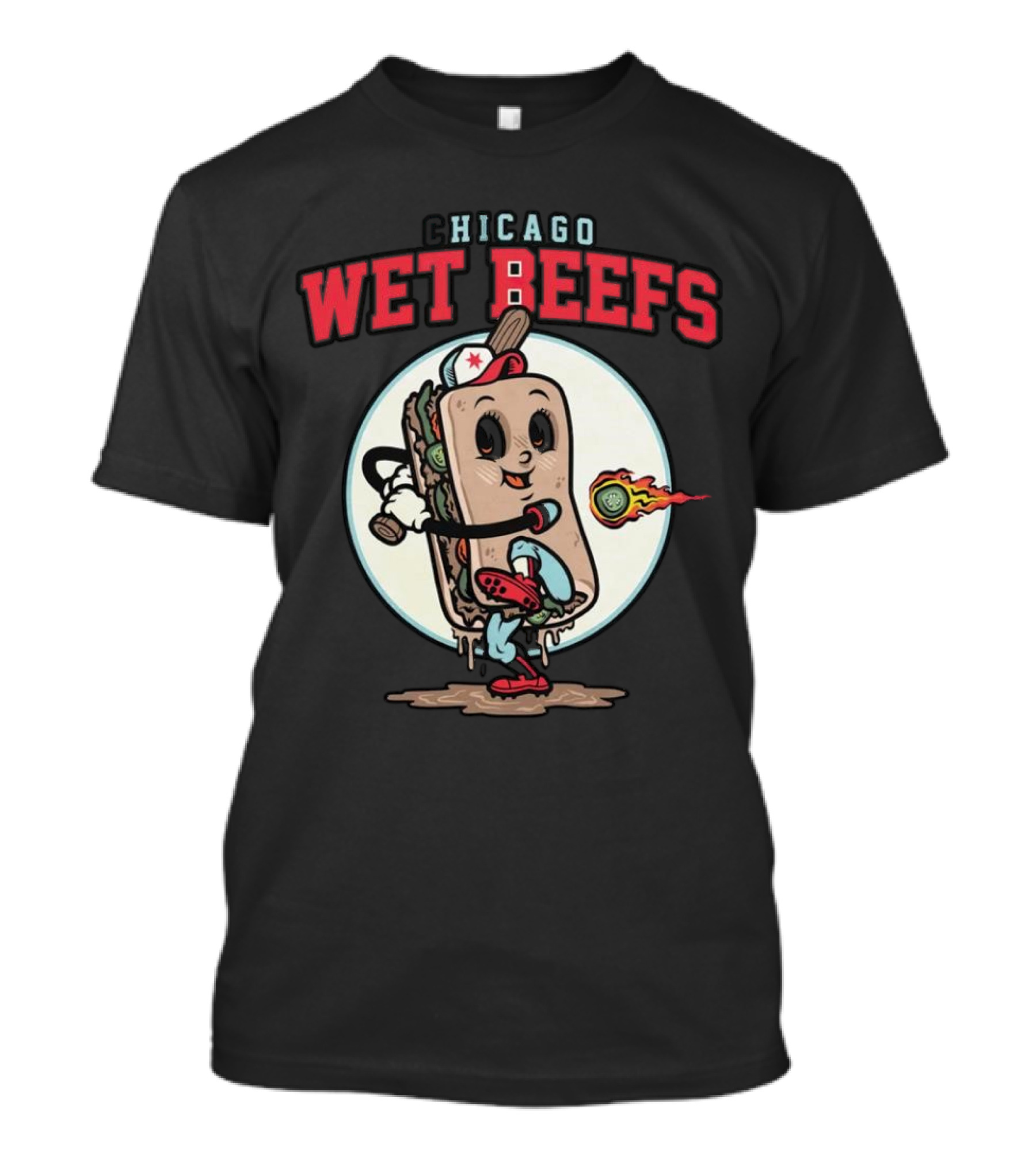 Chicago Wet Beefs Sandwich Character With Baseball Bat And Flaming Baseball T-Shirt