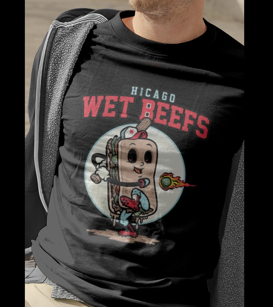 Chicago Wet Beefs Sandwich Character With Baseball Bat And Flaming Baseball T-Shirt