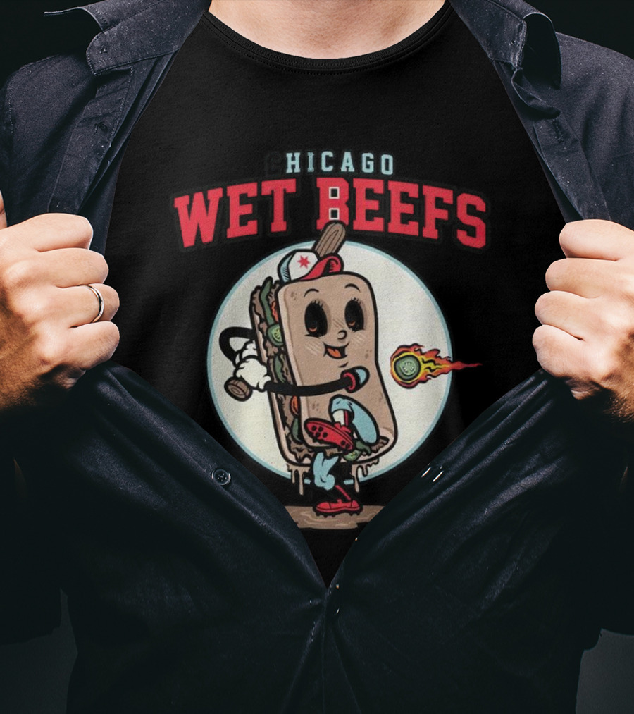 Chicago Wet Beefs Sandwich Character With Baseball Bat And Flaming Baseball T-Shirt