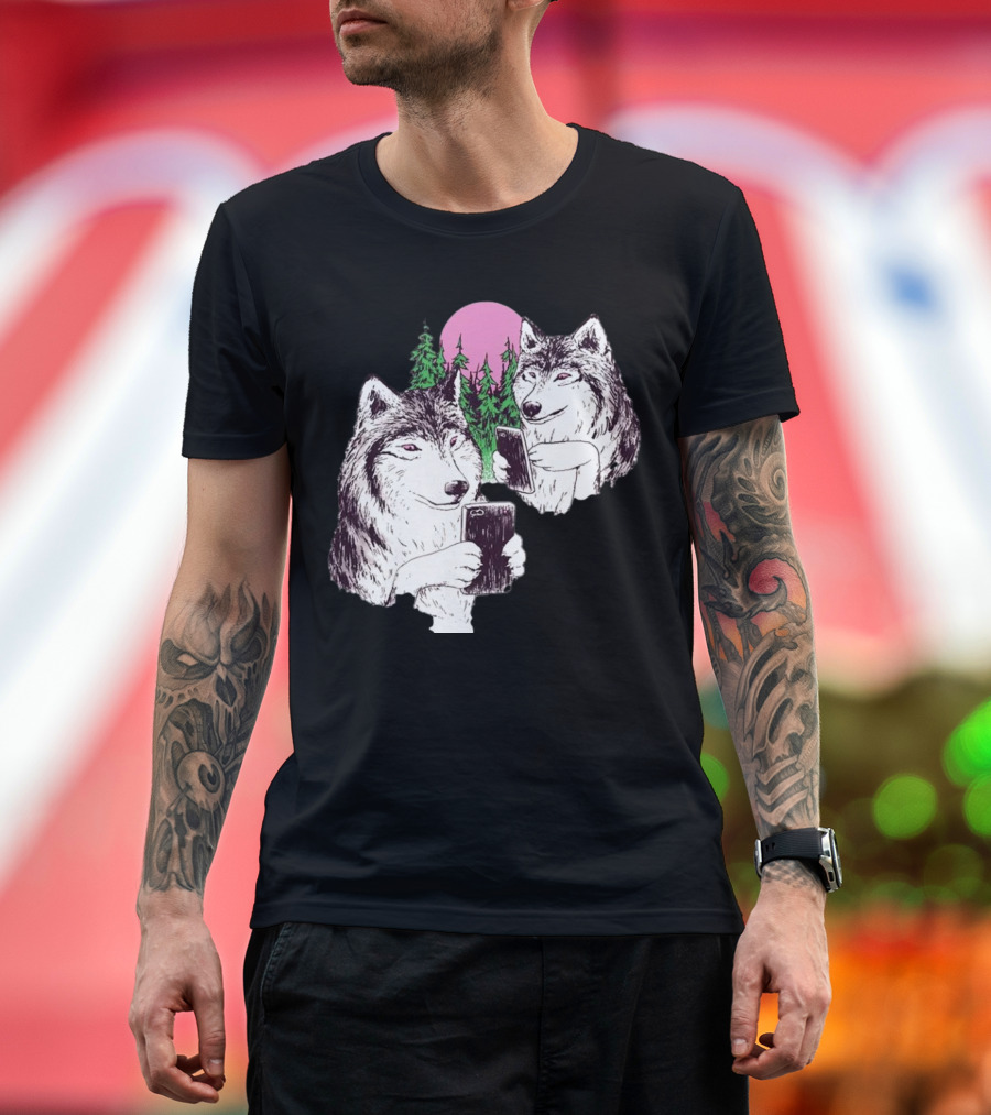 There Are Two Wolves Inside You Both on Smartphones Against a Pink Moon and Pine Trees T-Shirt