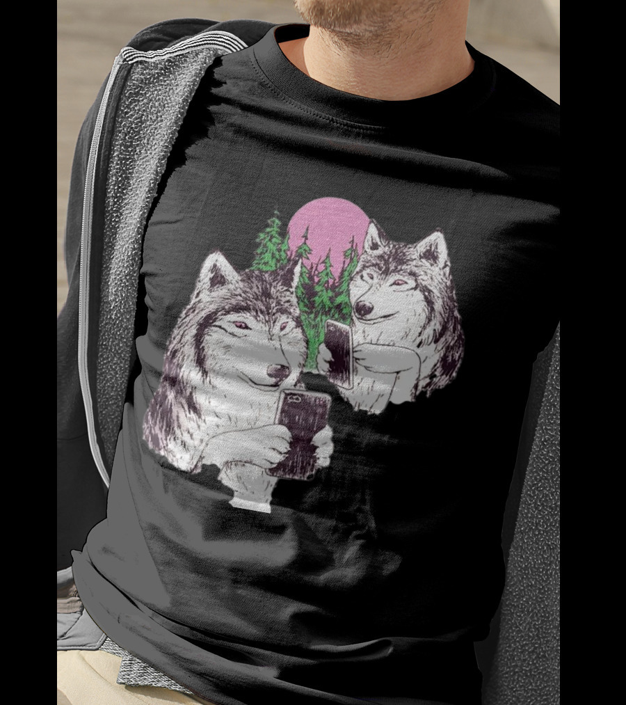 There Are Two Wolves Inside You Both On Smartphones Against A Pink Moon And Pine Trees T-Shirt