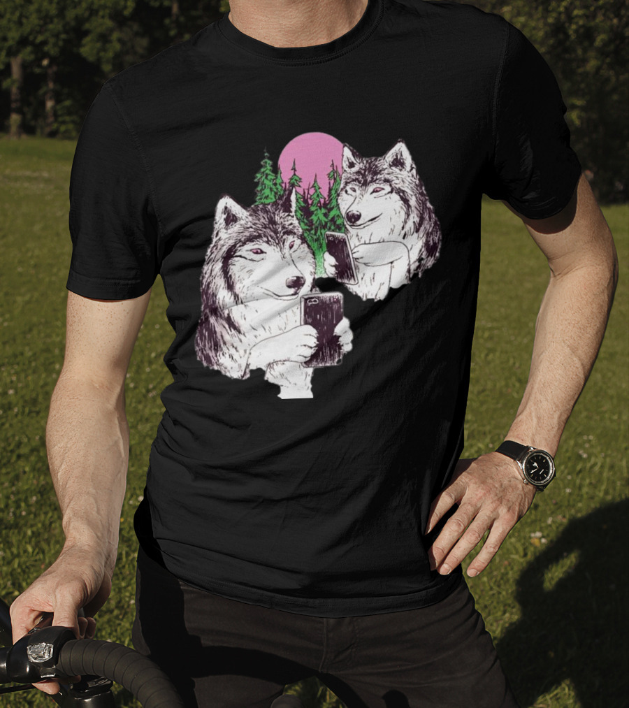 There Are Two Wolves Inside You Both On Smartphones Against A Pink Moon And Pine Trees T-Shirt