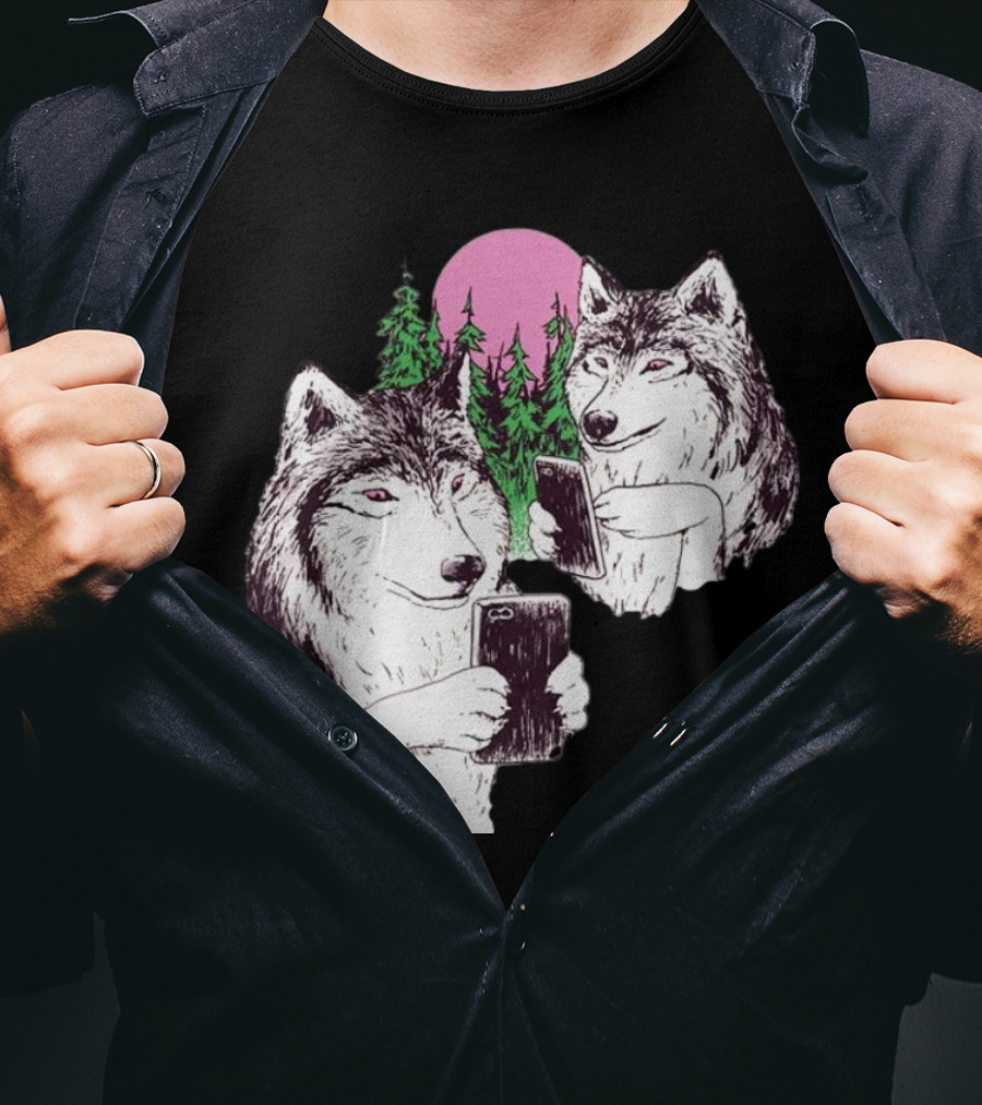 There Are Two Wolves Inside You Both On Smartphones Against A Pink Moon And Pine Trees T-Shirt