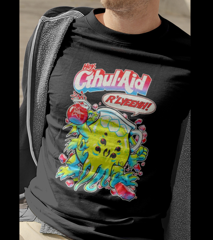 Hey Cthul-Aid R'lyeehh Monster Holding Pentagram Drink With Tentacles T-Shirt