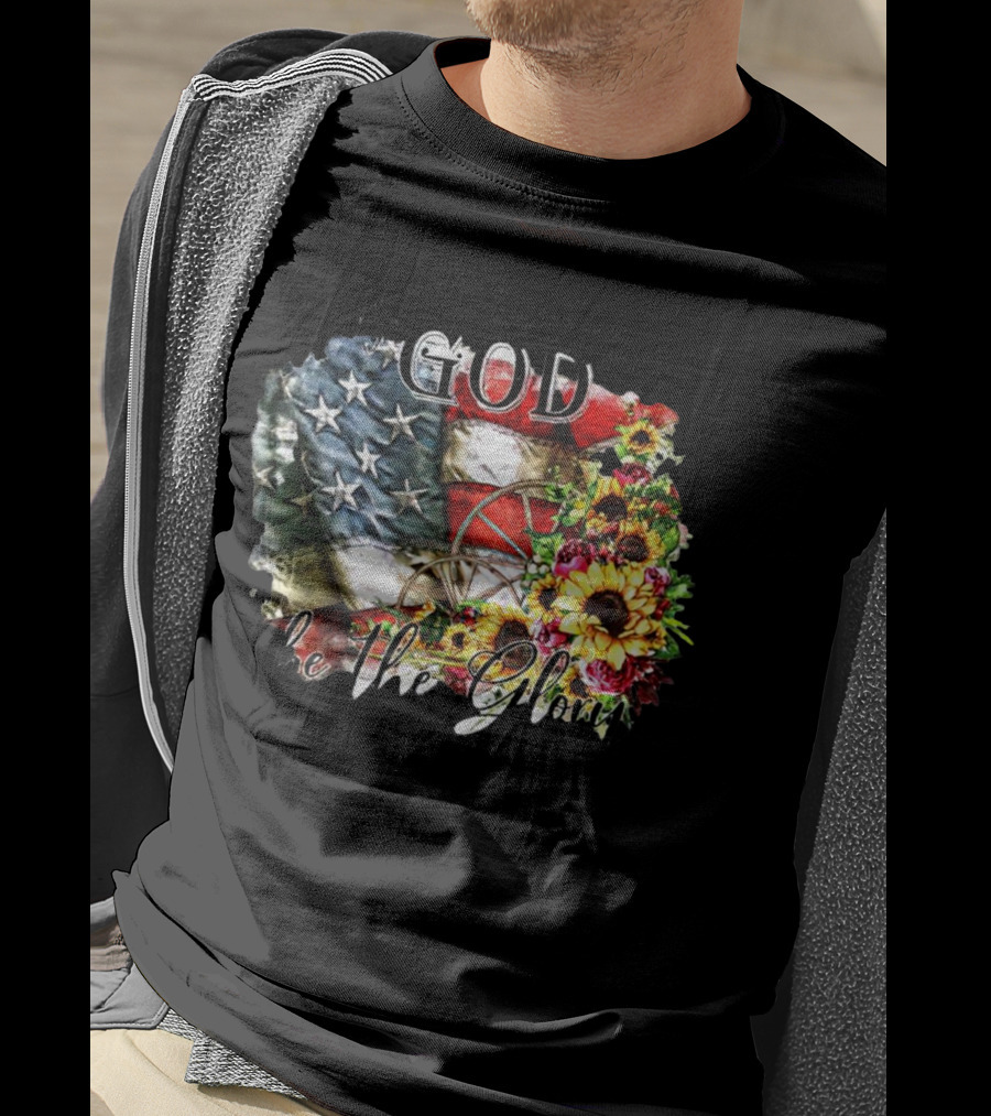 Patriotic American Flag And Sunflower Design With To God Be The Glory Text T-Shirt