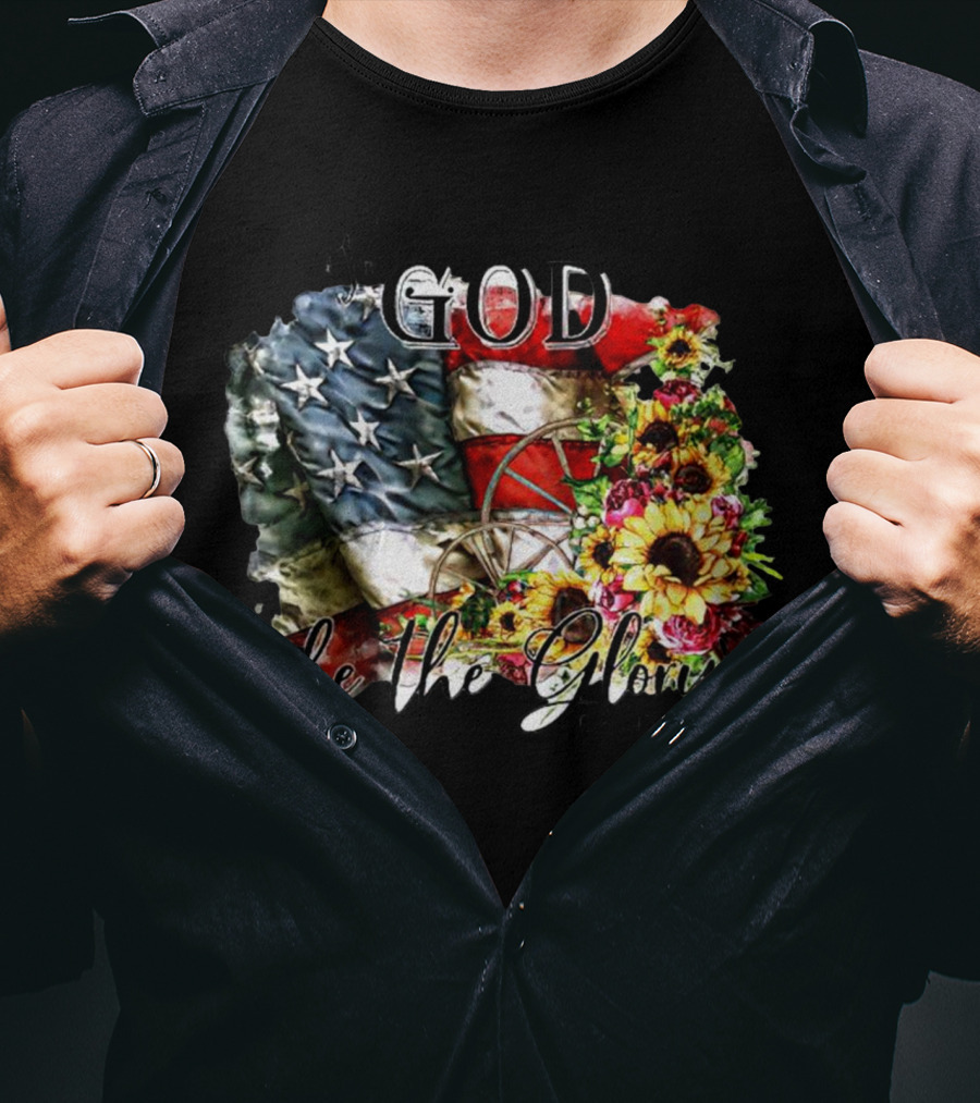 Patriotic American Flag And Sunflower Design With To God Be The Glory Text T-Shirt