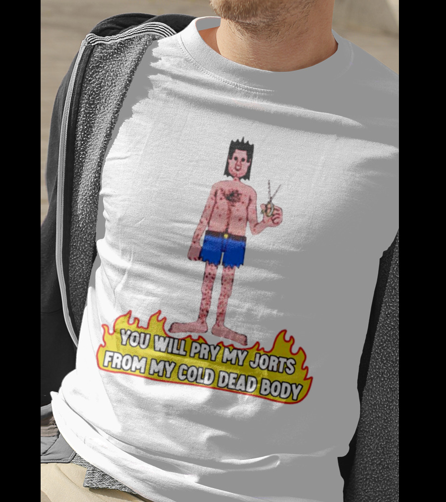 You Will Pry My Jorts From My Cold Dead Body Cartoon Character Holding Scissors In Flames T-Shirt