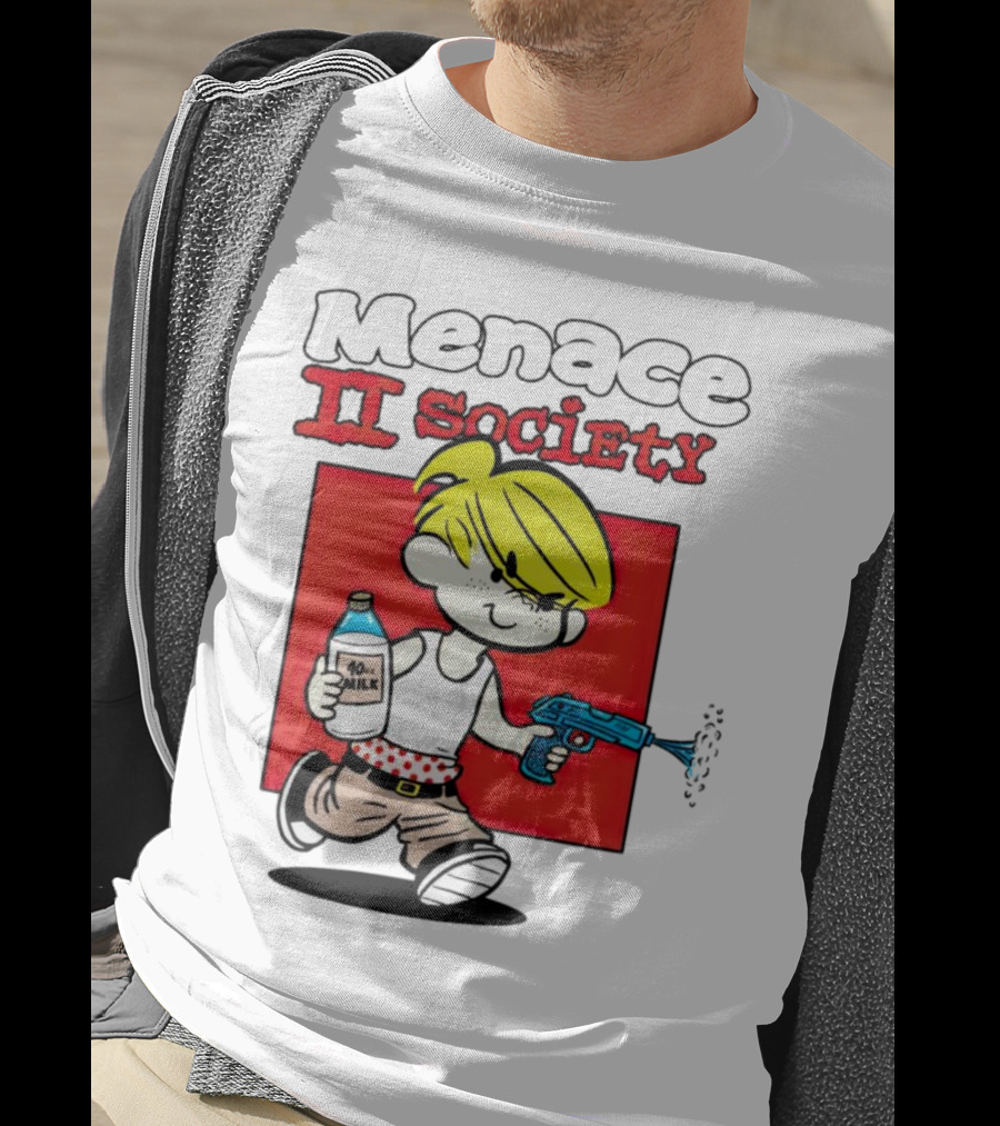 Menace II Society Cartoon Character With Squirt Gun And Milk T-Shirt