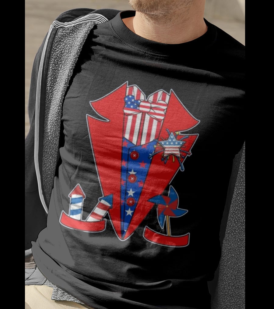 Patriotic Stars And Stripes Tuxedo With Fireworks And Pinwheel T-Shirt